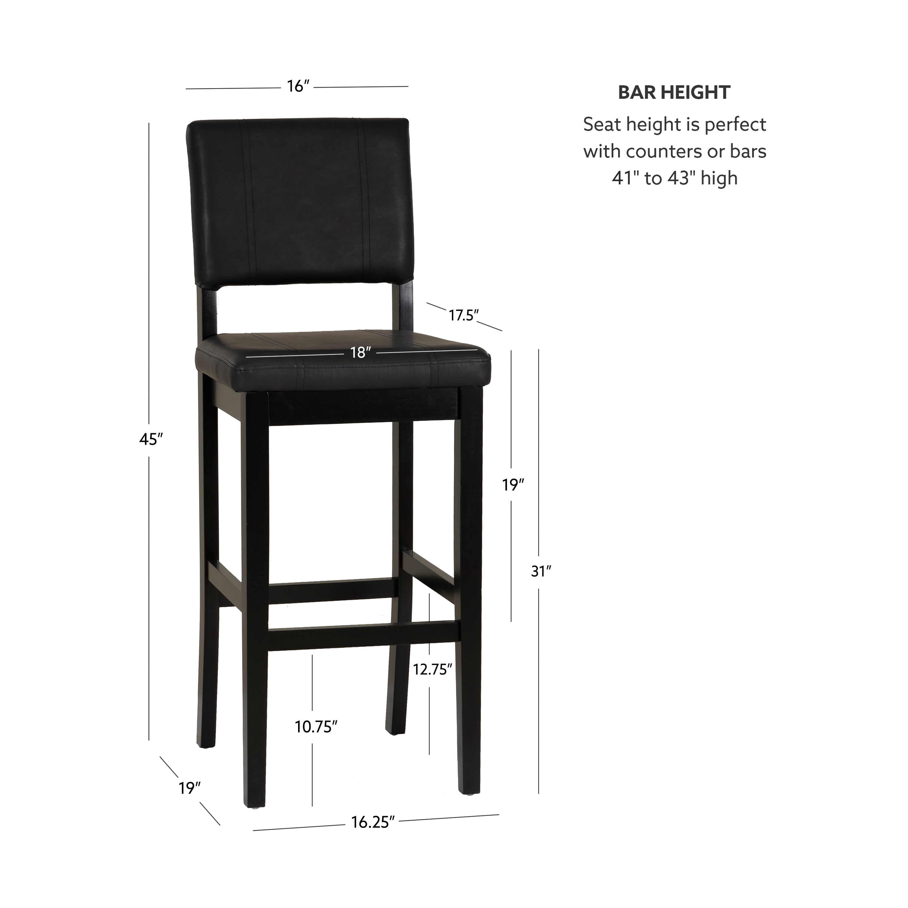 Linon Milano 31" Indoor Padded Mid Back Barstool, Black Faux Leather