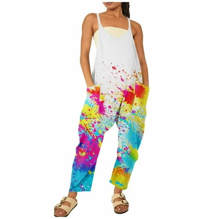 

Dyegold Jumpsuits for Women Casual Sleeveless Summer Jumpsuit for Women Floral Feather Print Baggy Wide Leg Playsuit Rompers Loose Casual V Neck Overall