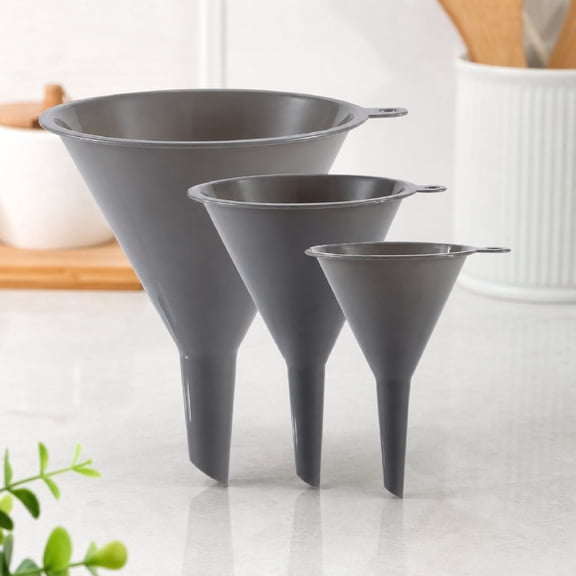 Plastic Kitchen Funnel Set of 3, Round Funnels for Filling Bottles, Canning, Cooking, Car Oil, Gray