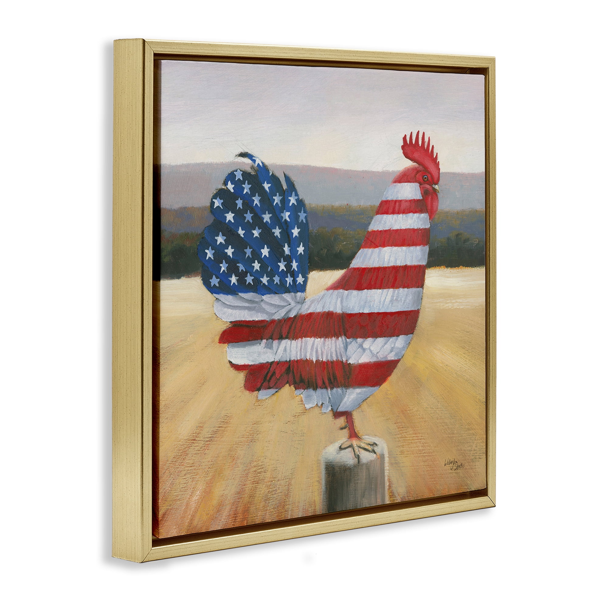 Stupell Industries American Flag Rooster Animals & Insects Painting Gold Floater Framed Canvas Art Print Wall Art, 25 x 25
