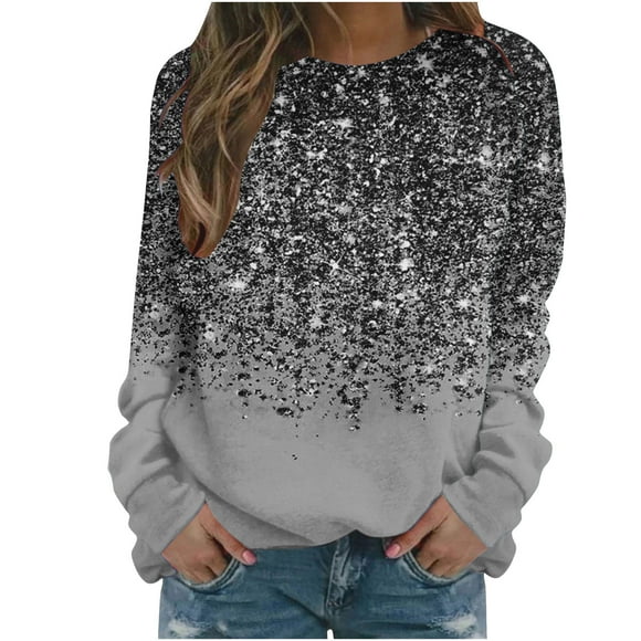 AherBiu Crewneck Sweatshirts for Women Long Sleeve Sparkly Printed Spring Casual Loose Pullover Glitter Tops