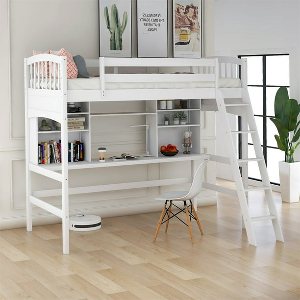 Modern Luxe Wood Twin Loft Bed With, Bunk Bed With Desk And Shelves