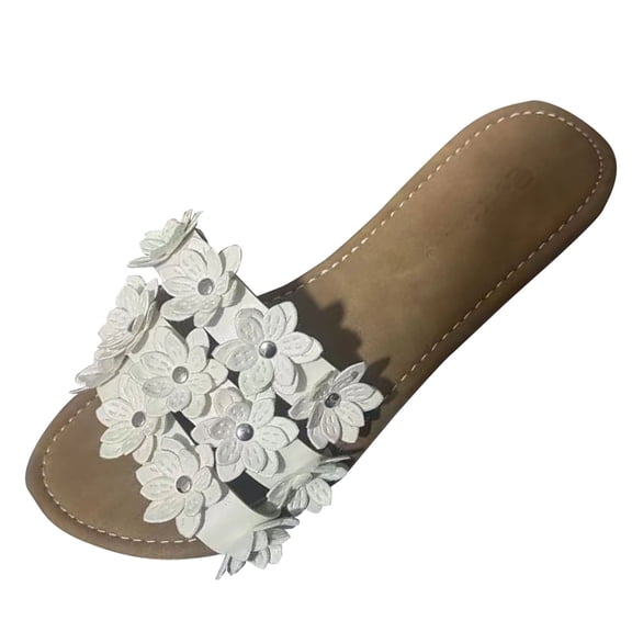 HomeDM Summer Flat Sandals for Women Dressy Flower Comfortable Open Toe Slip On Beach Sandals, White Size 9