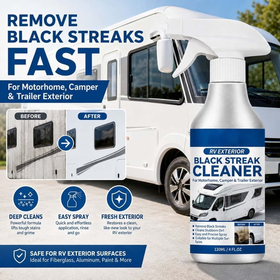 RV Black Streak Remover Spray 4 fl oz Camper Trailer Cleaner Stubborn Stain Road Grime Remover for Camper Trailer Boat Awning Outdoor Vehicle