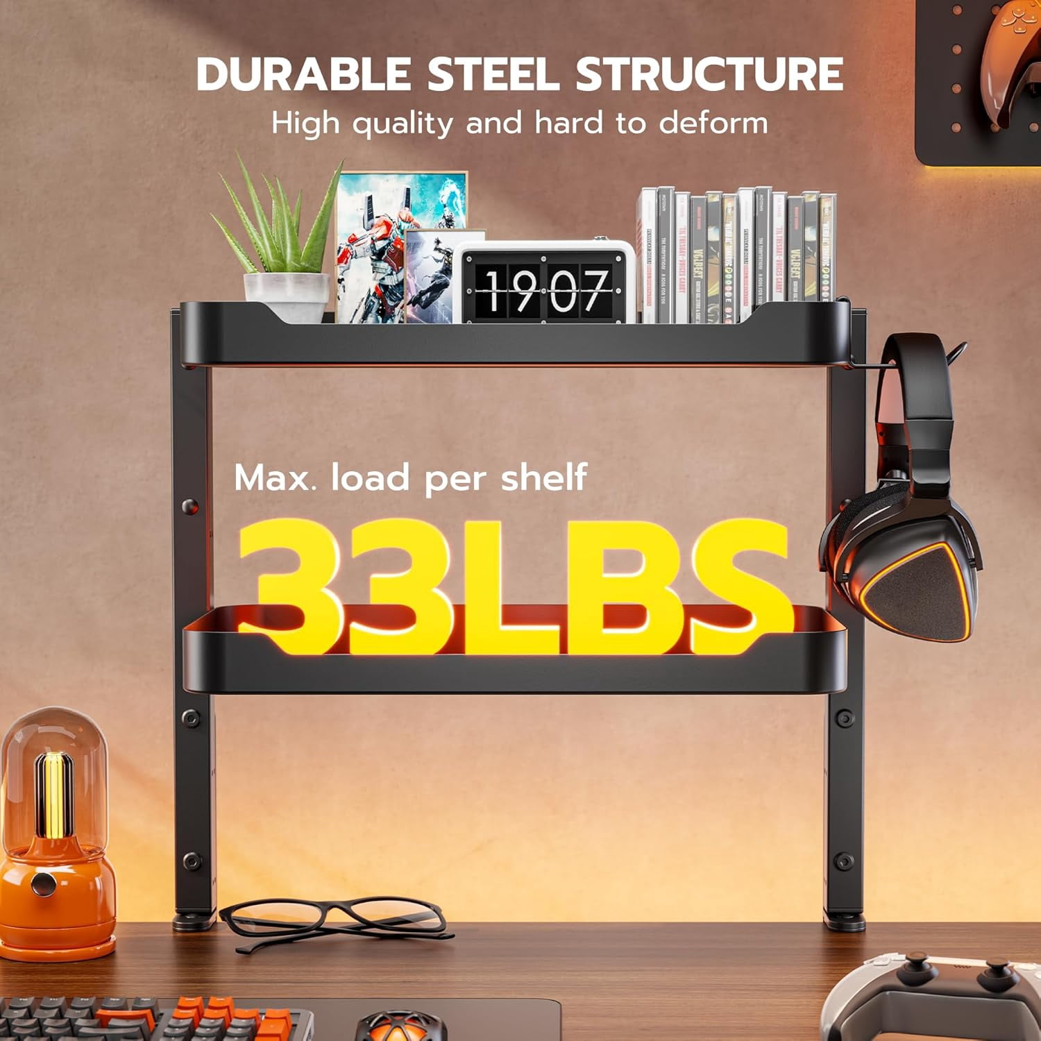 2-Tier Clamp On Desk Shelf, 16 inch Adjustable Above or Under Desk Storage Shelves Holds 66 lbs, Heavy Duty Desktop Organizer with Headphone Holder for Working and Gaming Accessories, Black