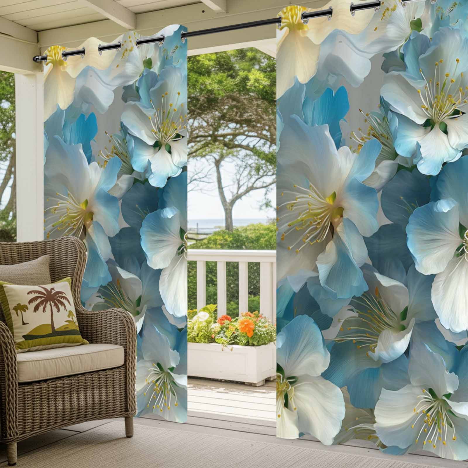 White Floral Outdoor Curtains for Patio, Modern Minimalist White Blue Cherry Blossom Sunshade Privacy Drapes Grommet Waterproof Outside Curtains for Porch/Cabana/Balcony 54"x 108", 1 Panel