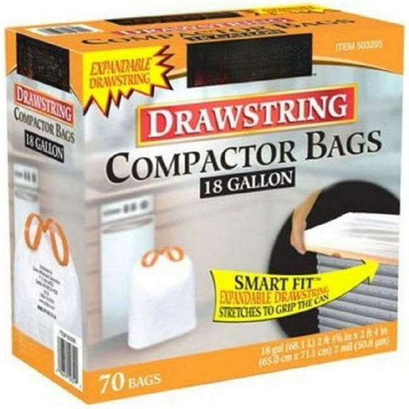 Compactor Bags 18 Gallon Smart Fit Gripping Drawstring 70 ct,Thickness: 2.0 mil,Dimensions: 25.625" x 28"