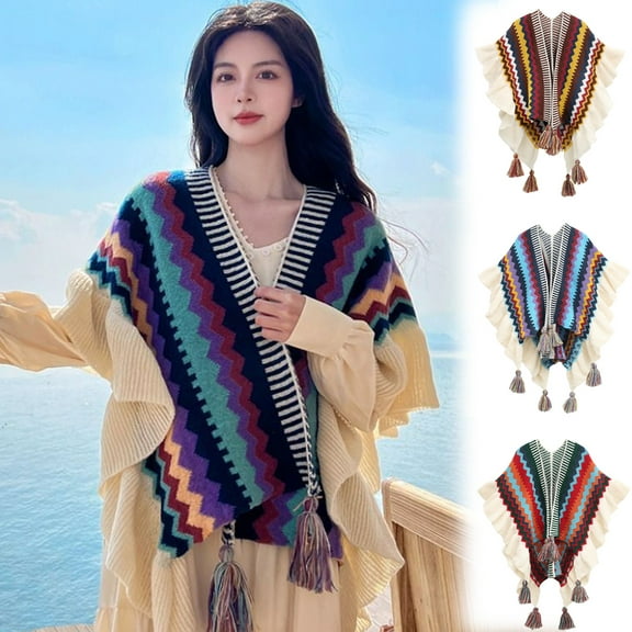 Women's Knit Stripe Ethnic Flounced Bohemian Tasseled Poncho Shawl