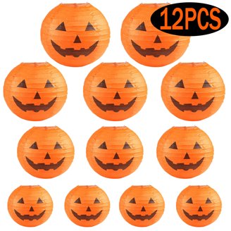 Quasimoon 14" Jack-O-Lantern Paper Lantern - Halloween Hanging Decoration With Glowing Eyes & Smile
