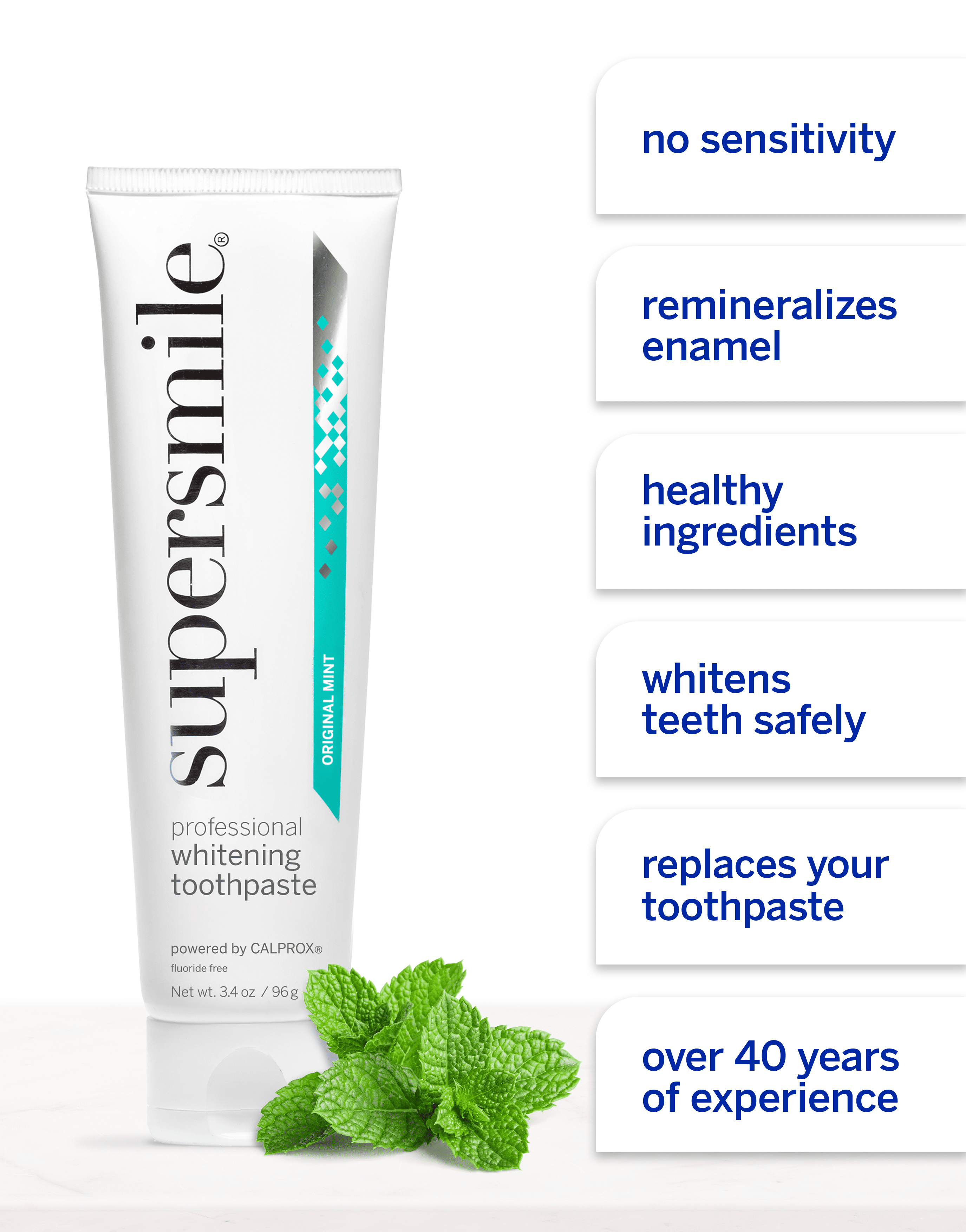 Supersmile Fluoride-Free Whitening Toothpaste – Original Mint, Enamel-Safe Formula, 3.4 oz