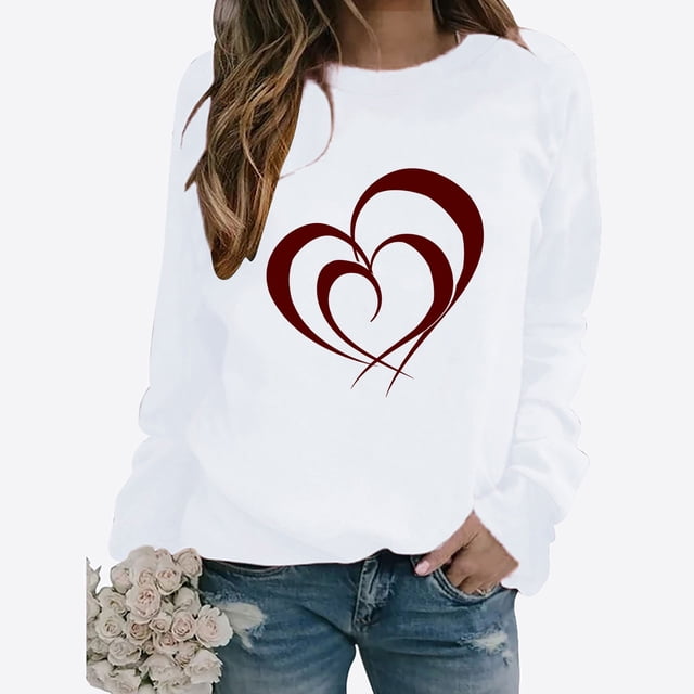 BVOFAR T-Shirts à Manches Longues pour Femmes, Décontractés, Mignons, avec Motif Cœur, Col Rond, Tendance, 2025