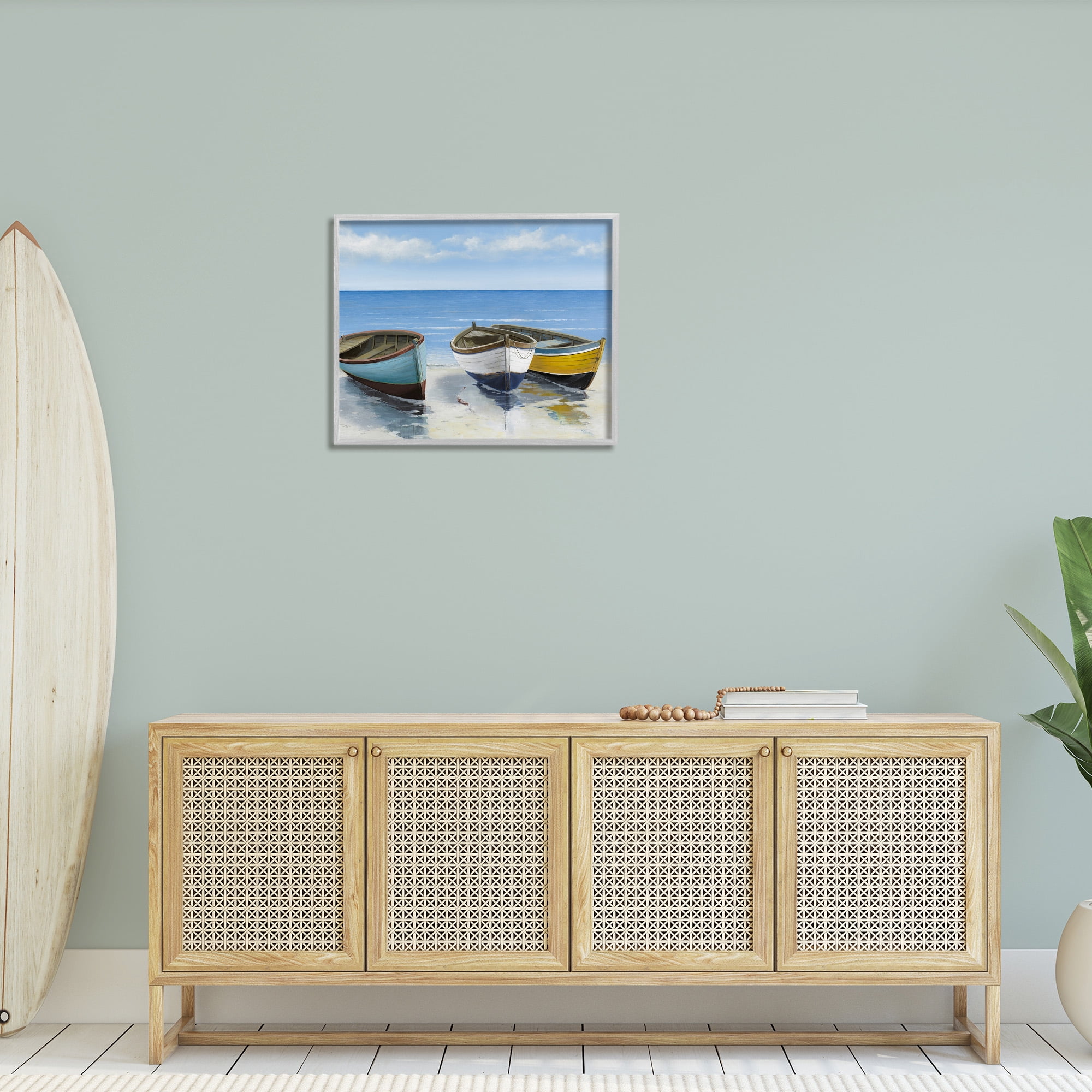 Stupell Industries Coastal Rowboats on Shore Transportation Painting Gray Framed Art Print Wall Art, 30 x 24