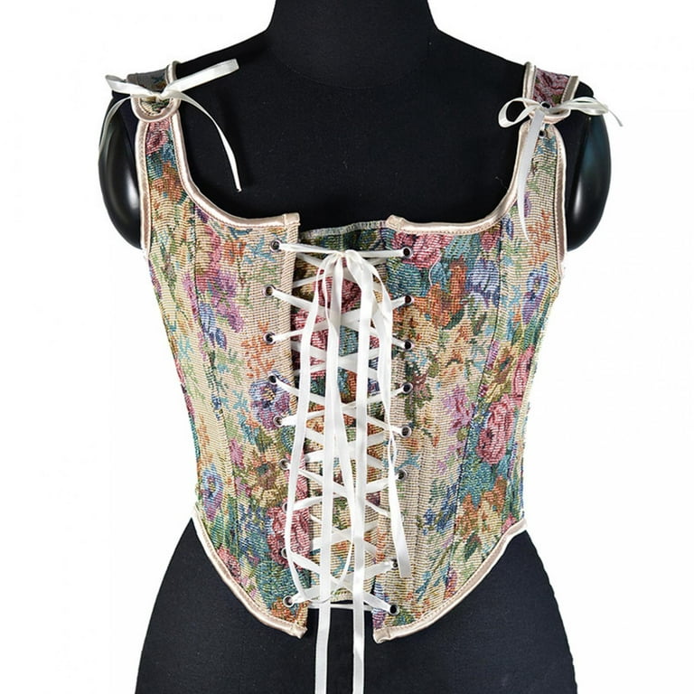 Jovati Deals of the Day!Women Court Vintage Floral Print Vest Sexy Corset  Y2K Lace-Up Fishbone Push Up Strap Bustier Lace Corset Top Tank Top on