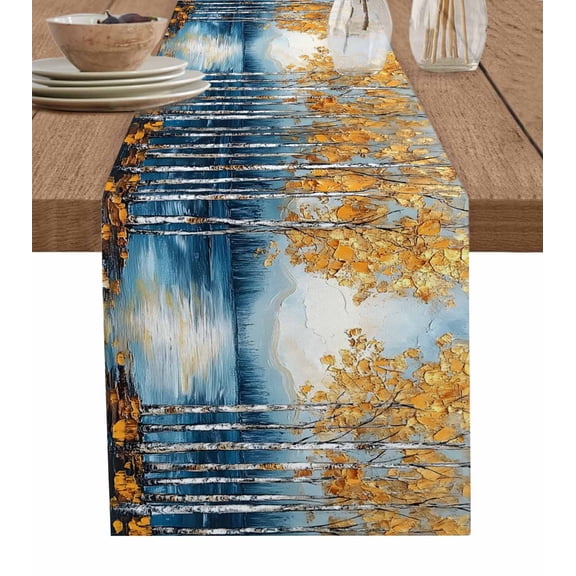 Spring Tree Table Runner 72 Inches, Oil Landscape Painting Contemporary Bed Runner Dresser Scarves Tabletop for Indoor Outdoor Parties/Ceremony/Banquet, 13" x 72"