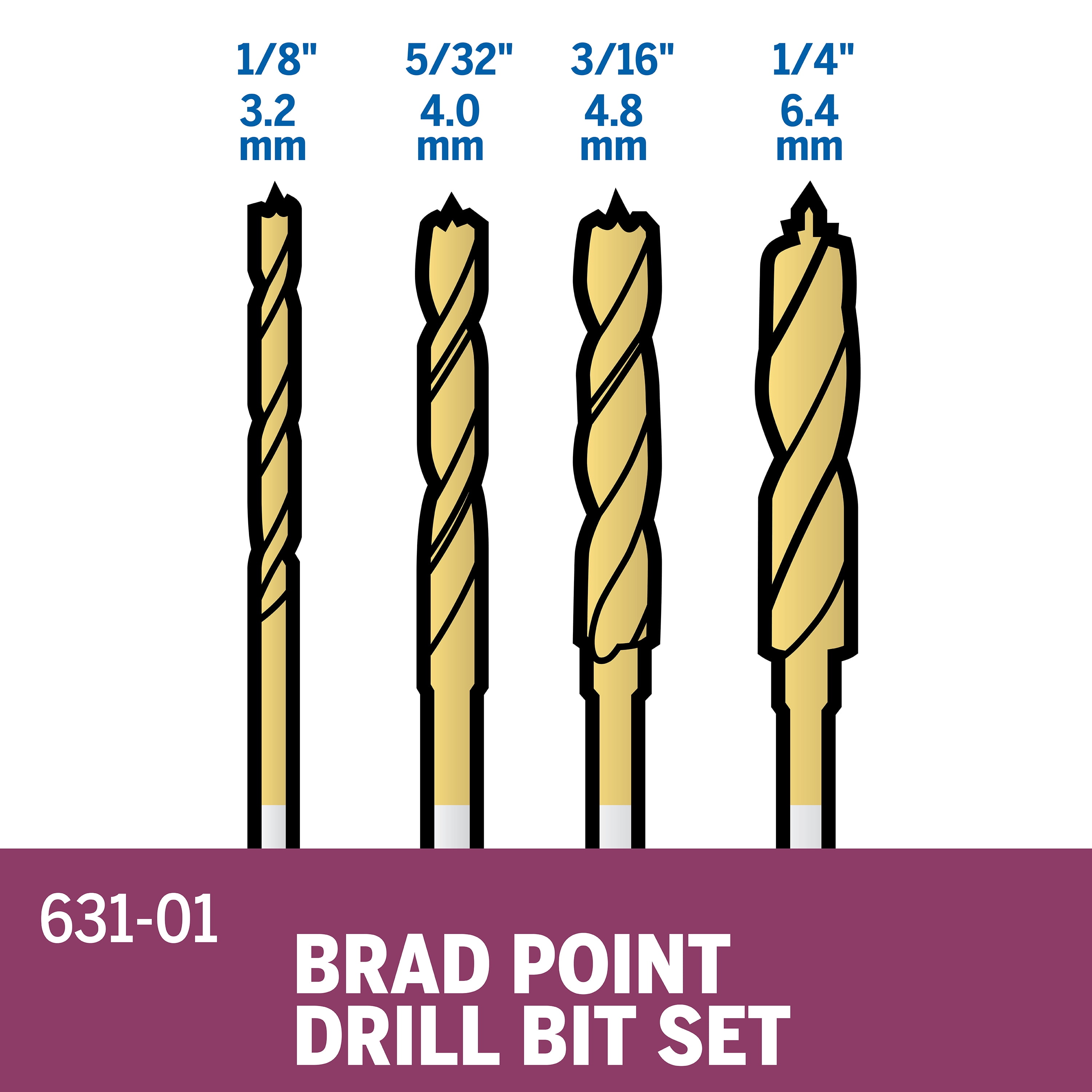 Dremel 631 High Speed Titanium Coated Brad Point Drill Bit Set, 4 pieces, Wood Drilling