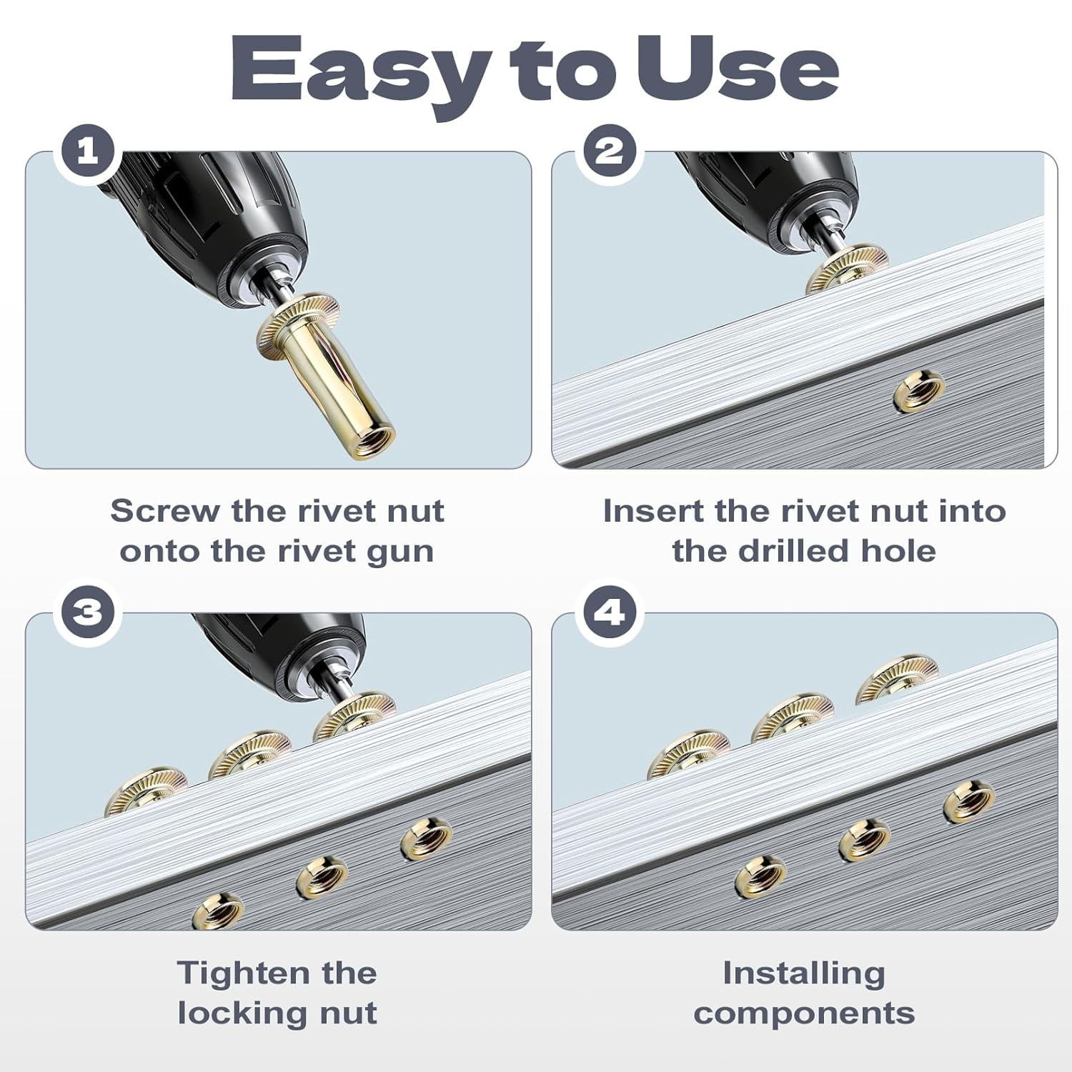 1/4-20 Multi Grip Rivet Nut Kit, 50pcs Rivet Nuts, Steel Pre-Bulbed Shank Plus Nuts,Zinc-Plated Flat Head Threaded Insert Nut Construction Fasteners for Industrial