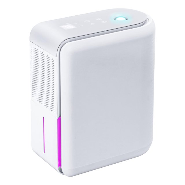 humidificador y deshumidificador combo hoomace 2 en 1 para el hogar 1000 ml blanco, vista 3/4 frontal de dispositivo compacto con silueta rectangular redondeada, panel superior táctil con luz LED, rejilla lateral de ventilación y depósito inferior extraíble con tira luminosa visible; diseñado para control de humedad en habitaciones pequeñas y humidificadores domésticos, ideal también para escritorios u oficinas.