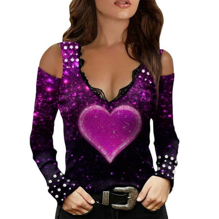 

Pajamas Women Sweet Long Sleeve Long Lace Sleeve Off Shoulder Sleeve Ladies V-neck Love Sling Printed Women s Blouse Neck Biking Tops for Women Lacy Top Women