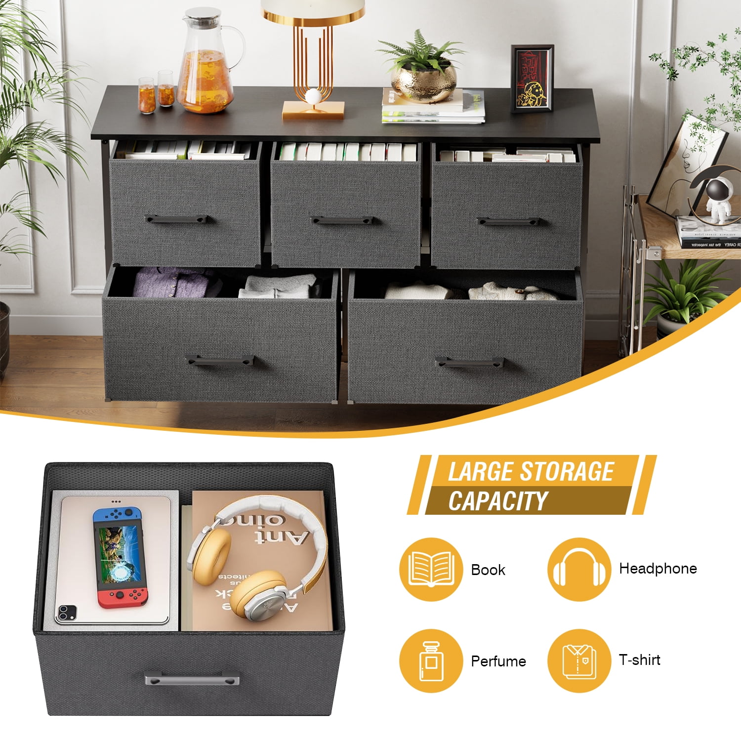 FDW 5-Drawer Fabric Dresser for Bedroom, Gray