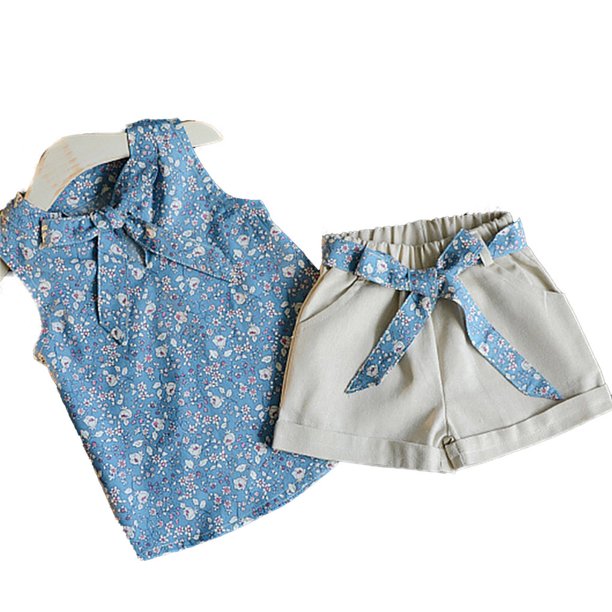 Guardurnaity Conjunto de 2 uds. De chaleco para bebé, conjunto de pantalones cortos y chaleco para bebé, ropa de verano para niña conjuntos de ropa Azul claro 110cm