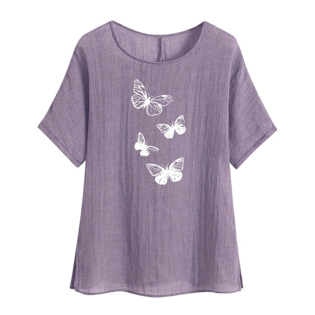 VSSSJ Chemise en Coton et Lin pour Femmes Coupe Ample Imprimé Papillon Col Rond Manches Raglan Blouse d'Été Confortable Violette P