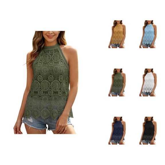 Halter Tank Tops for Women Summer Sleeveless High Neck Hollow out Lace Boho Dressy Casual Blouse Going out Tops