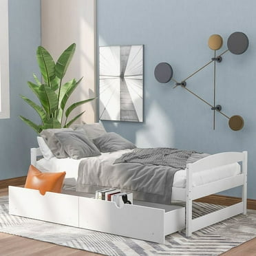 Platform Bed with Two Drawers,Twin Size Captain’s Bed,Pine Wood Twin Bed for Guest Room,No Box Spring Needed,White