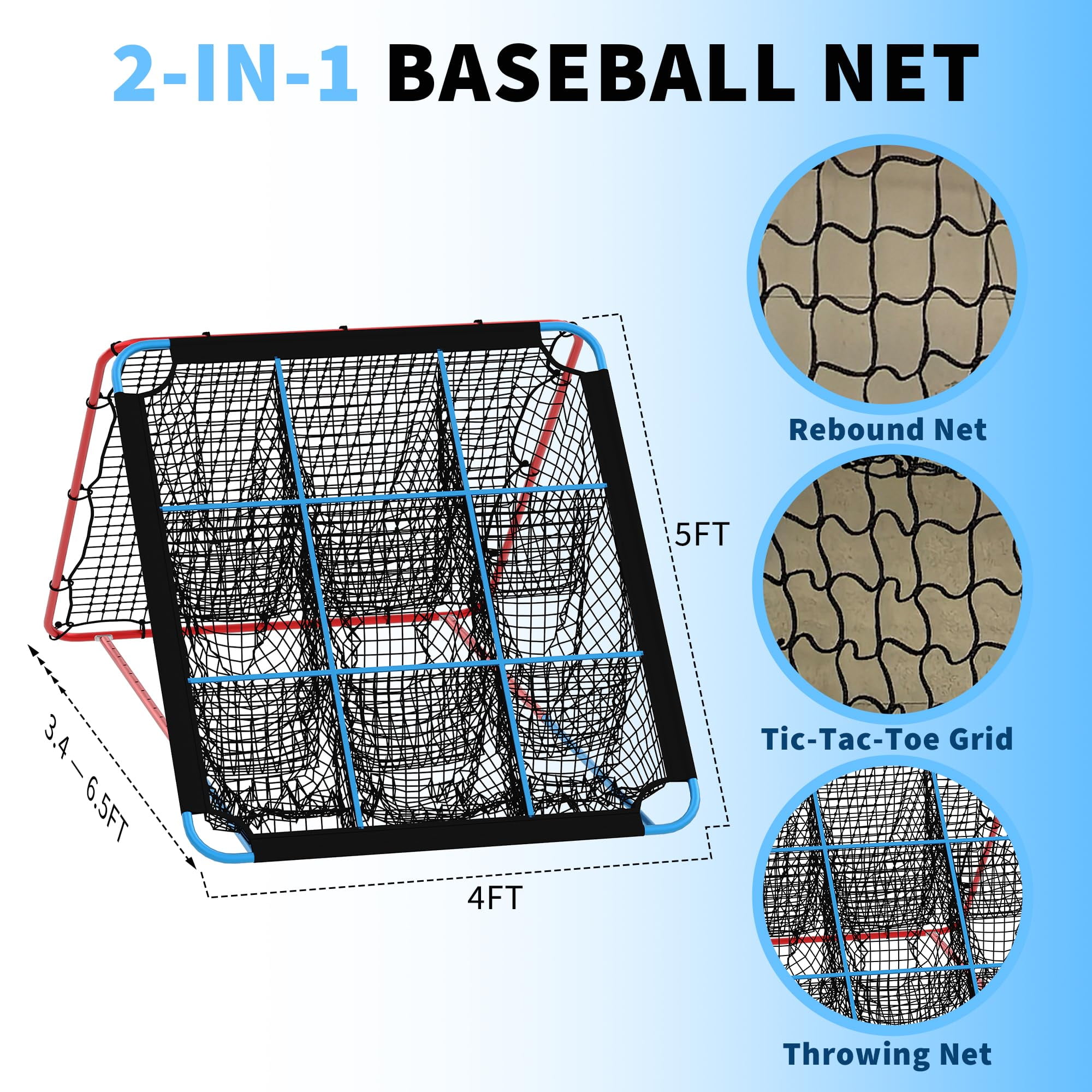 Baseball Rebounder Net, 4x4.5FT 5 Adjustable Angles Baseball Bounce Back Net with UV Resistant, Pitchback Trainer for Ground, Line Drive & Fly Balls