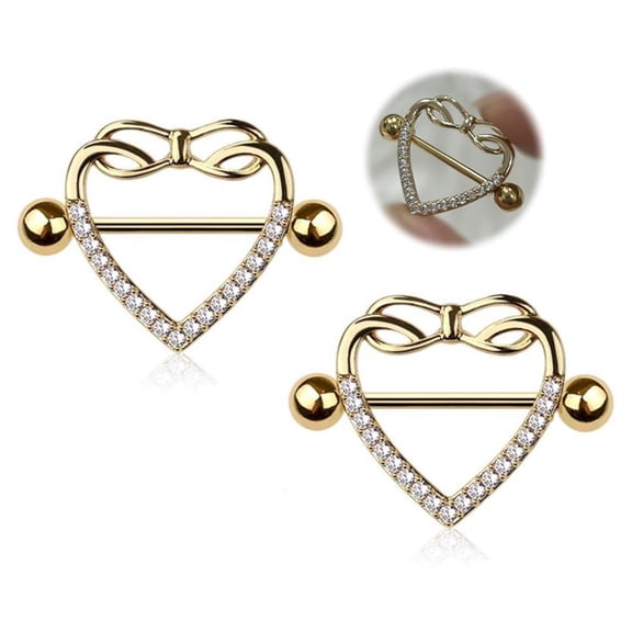 Satix 2PCS 14G Surgical Steel PVD Gold Nipple Shield Rings Clear CZ Infinity Love Heart Nipple Barbell Nipplerings Piercing Jewelry 14mm 9/16 Inch