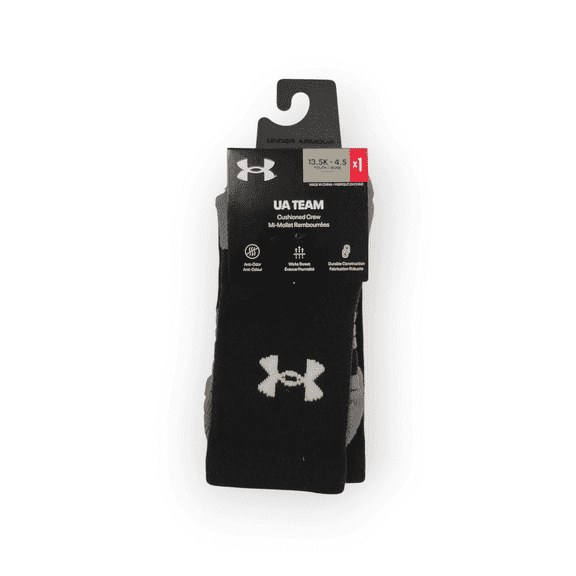 UA Team Cushioned Crew Youth Socks 13.5K-4.5 Black/Grey