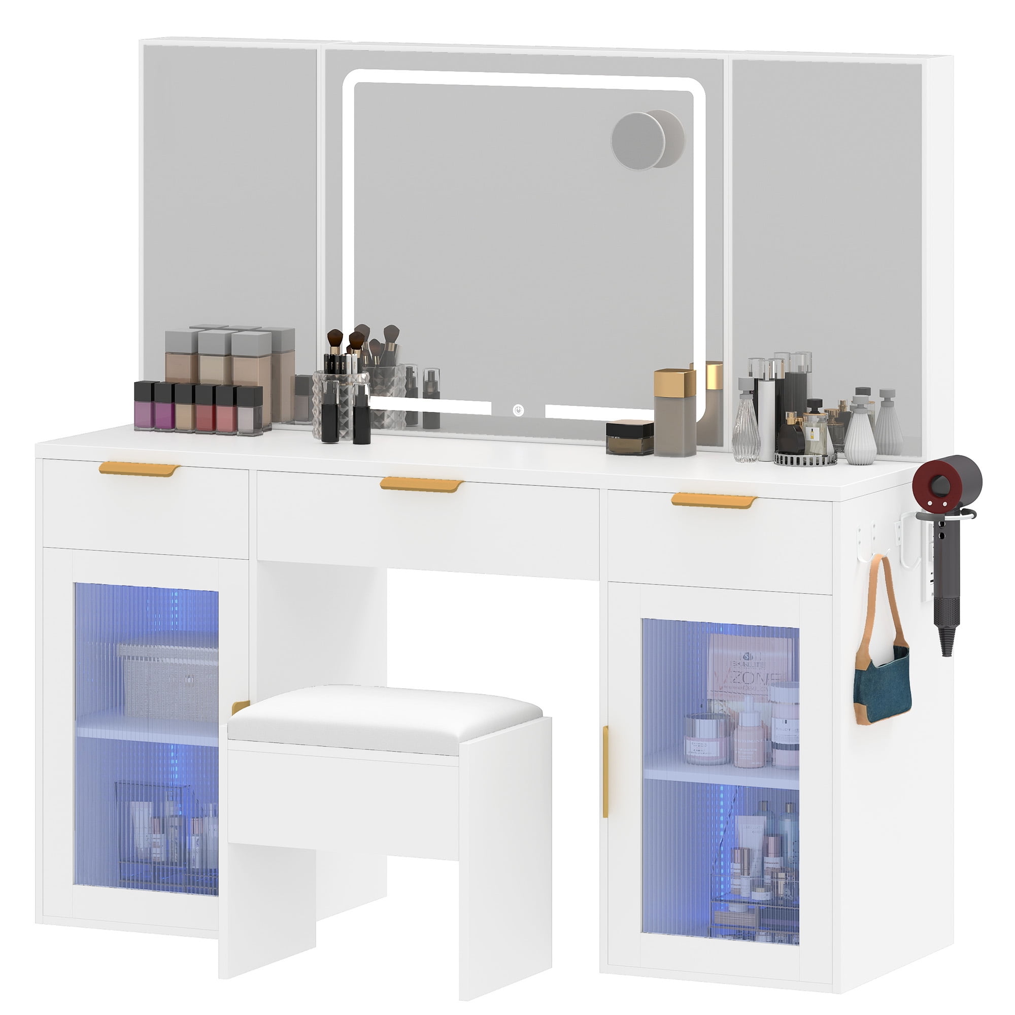 Uforic Vanity Desk Set with Tri-Fold Mirror & Power Outlet, White Makeup Vanity Table with 3 Drawers