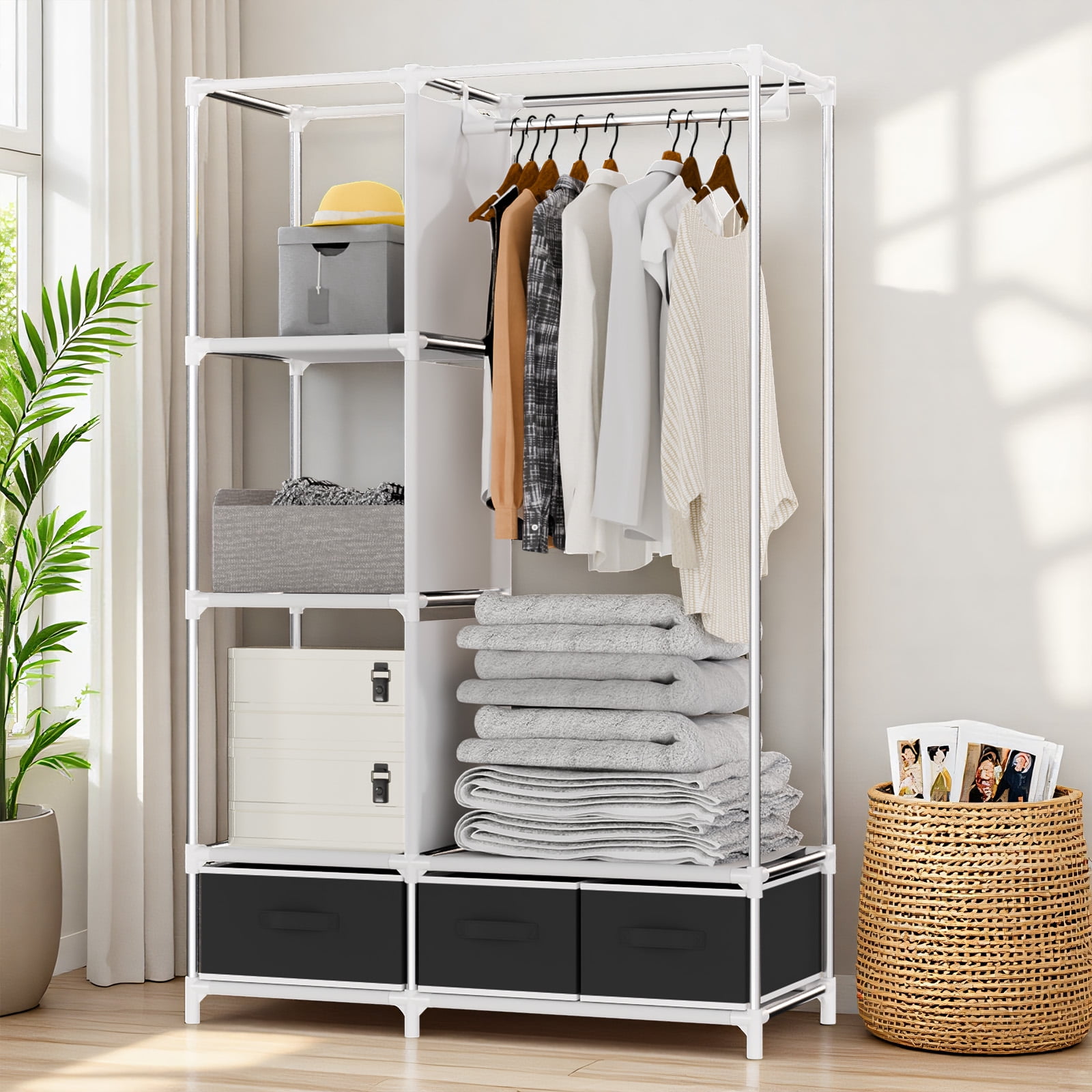 BAOKALER Portable Closet with Non-Woven Fabric,3 Drawers,1 Hanging Rod&4 Side Pockets, plus 16mm Metal Tube Frame–Suitable for Bedrooms, Living Rooms,Closets,Garages&Dorms