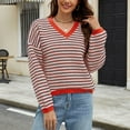 thumbnail image 2 of Women's V-Neck Striped Knit Sweater, Casual Loose Long Sleeve Pullover Top, Red and White, Cozy and Stylish, 2 of 4