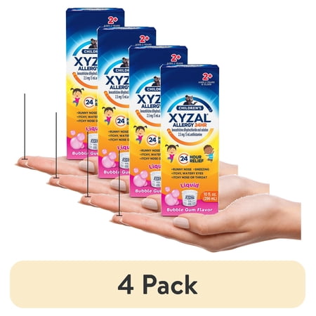 (4 pack) Xyzal Children's 24 Hour Allergy Relief Medicine for Kids, Levocetirizine Dihydrochloride Liquid Antihistamine, Bubble Gum, 10 Fl. oz.