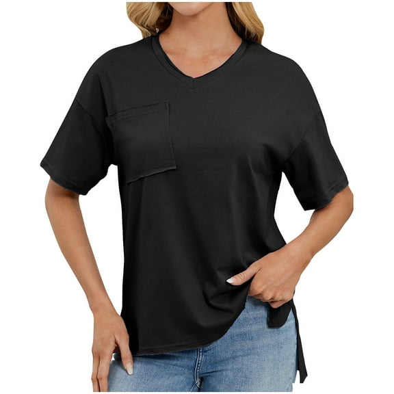 Qulqfy Women Tops High-Low Hem Short Sleeve Casual Black Pockets V Neck Casual Solid T-shirt Blouses for Women 2025 L