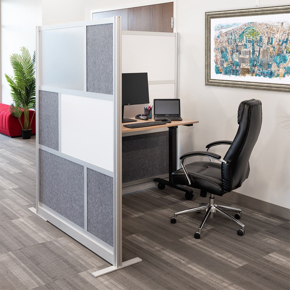 Luxor Workflow Modular Wall Room Divider System - Silver Frame - 53" x 70" Add-On Wall with Whiteboard, Freestanding