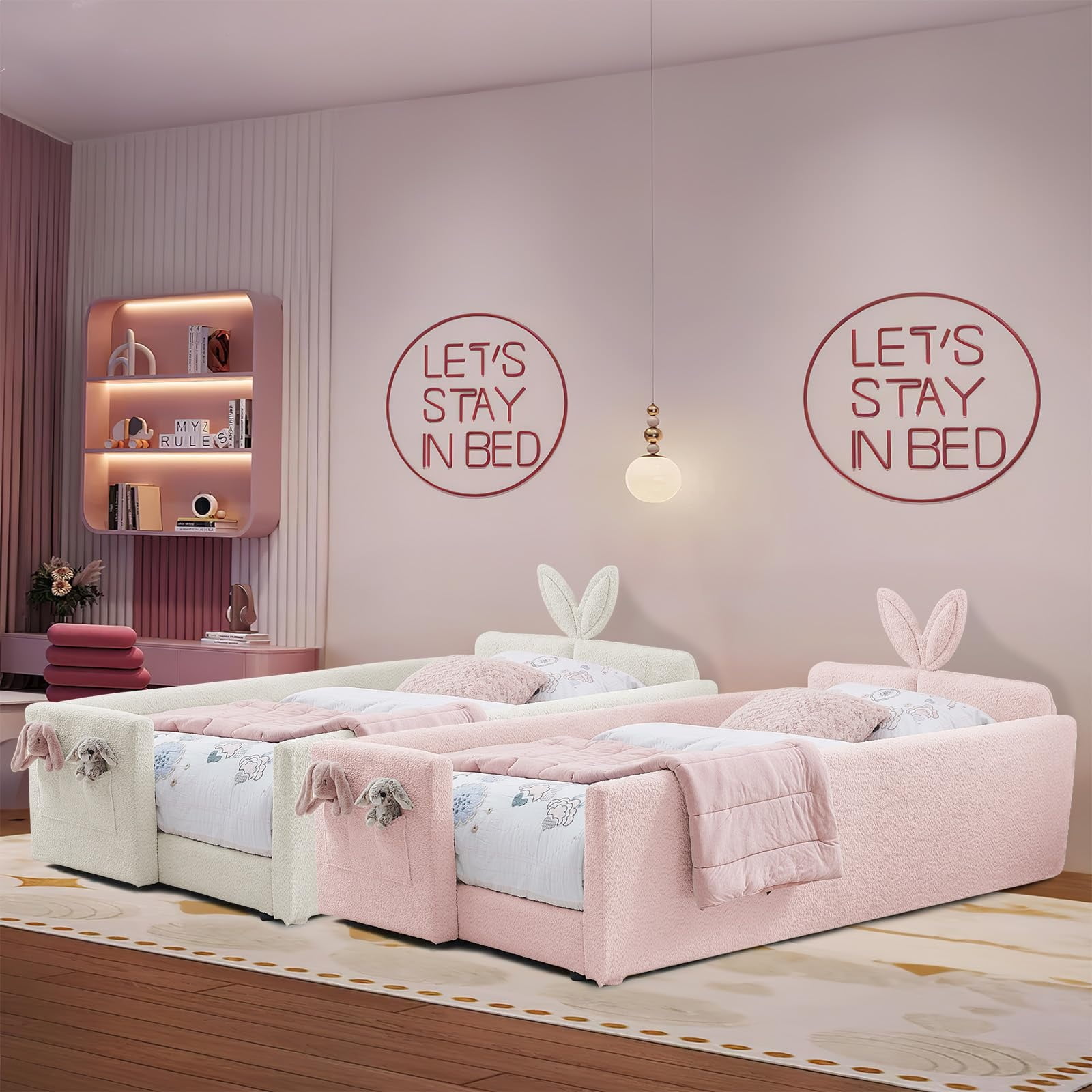 Deiokin Twin Size Bunny Ear Platform Bed Frame, Upholstered Boucle Fabric Bed Frame with Safety Rail & Storage Pocket