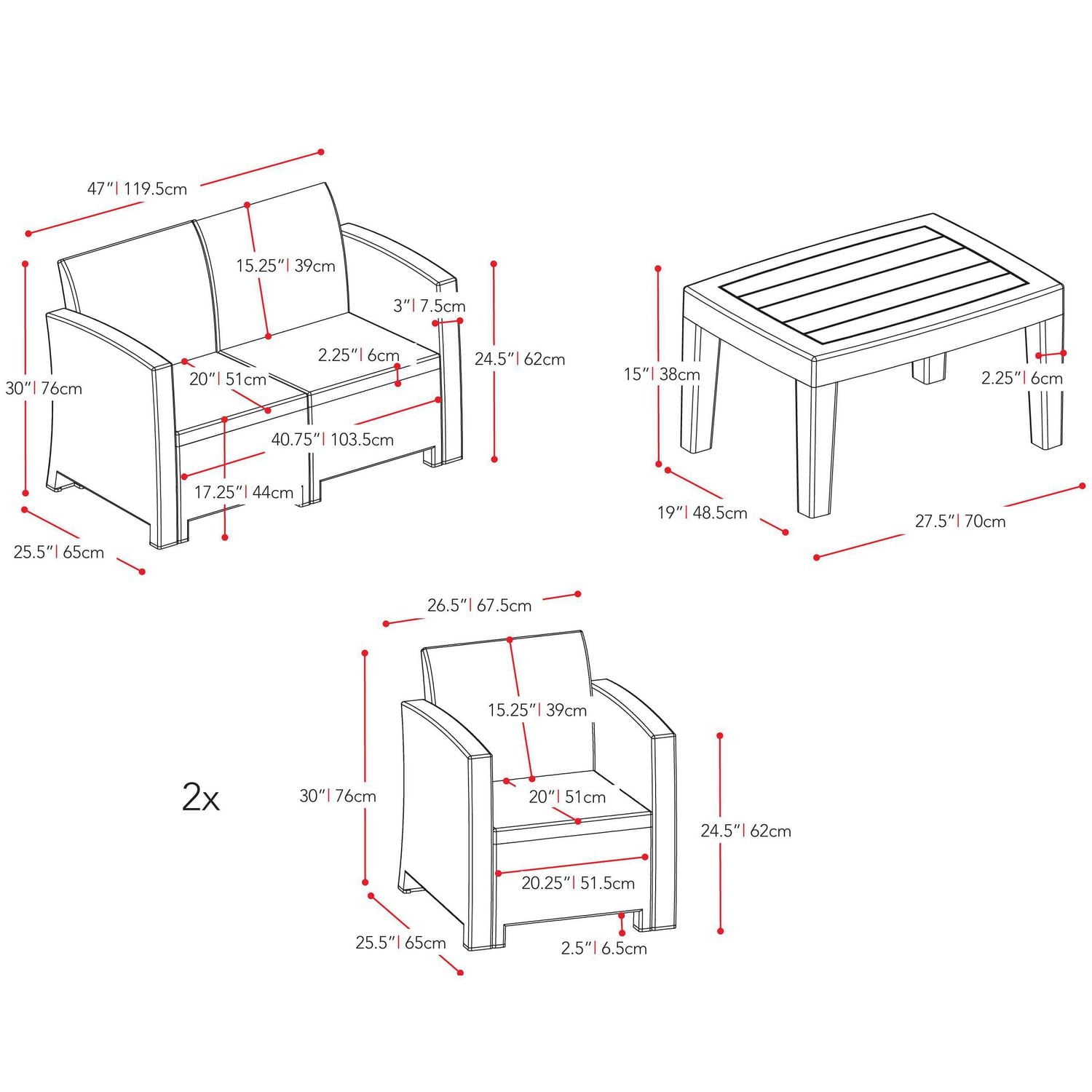 Ensemble de salon de jardin CorLiving Adelaide 4 pièces en résine tressée antirouille avec causeuse, 2 chaises et table basse