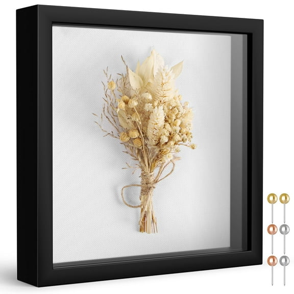 8x8 Shadow Box Picture Frame with Linen Back, Decorative Case for Wedding Bouquet Conrt Stubs 3D Keepsakes, Black Finish