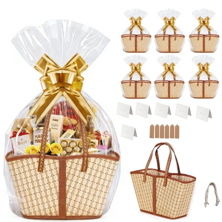 Forautely 6-Pack Large Foldable Bamboo Gift Baskets with Handles – Extra Big DIY Woven Set with Cellophane Bags, Bows, Cards for Mother's Day, Wedding, Easter, Birthday, Christmas
