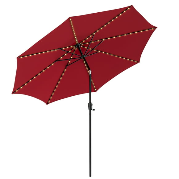 Patiojoy 10FT Solar Umbrella Patio Umbrella with 112 LED Lights Outdoor Table Market Umbrella with Crank Lifting Handle & Push Button Tilt System Wine
