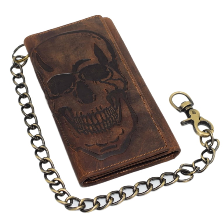 Swiss Marshall Men's RFID Blocking Biker Wallet - Brown Leather Tri-Fold With Chain, Checkbook Size