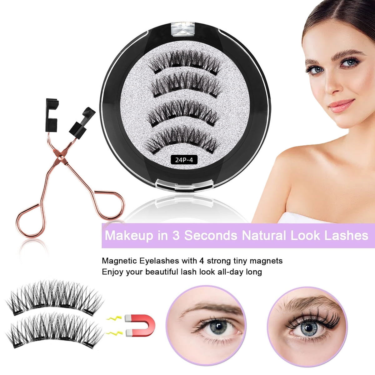 Magnetic Eyelashes, 3 pairs, Magnetic, Magnetic, False Eyelashes, Magnetic Eyelashes with applicator tweezers, for daily make-up or dating, wedding, party