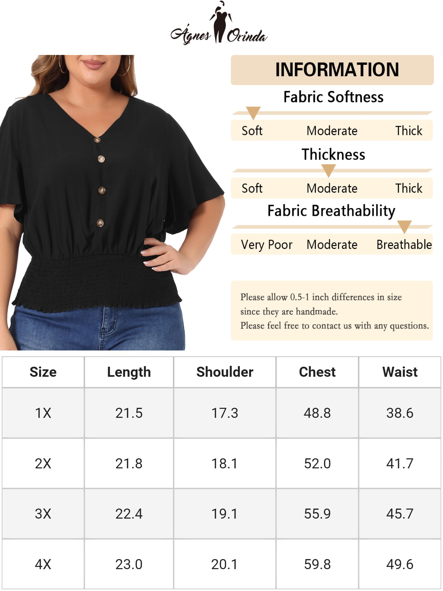 DARING DIVA Women's Plus V Neck Button Up Short Sleeve Shirred Blouse 2X Black