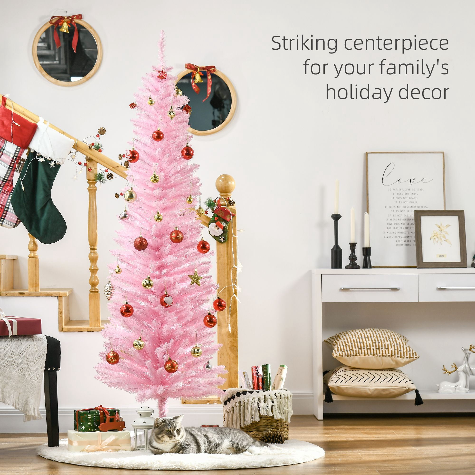 6' Artificial Pencil Christmas Tree, Slim Xmas Tree with 390 Realistic Branch Tips and Plastic Stand, Pink
