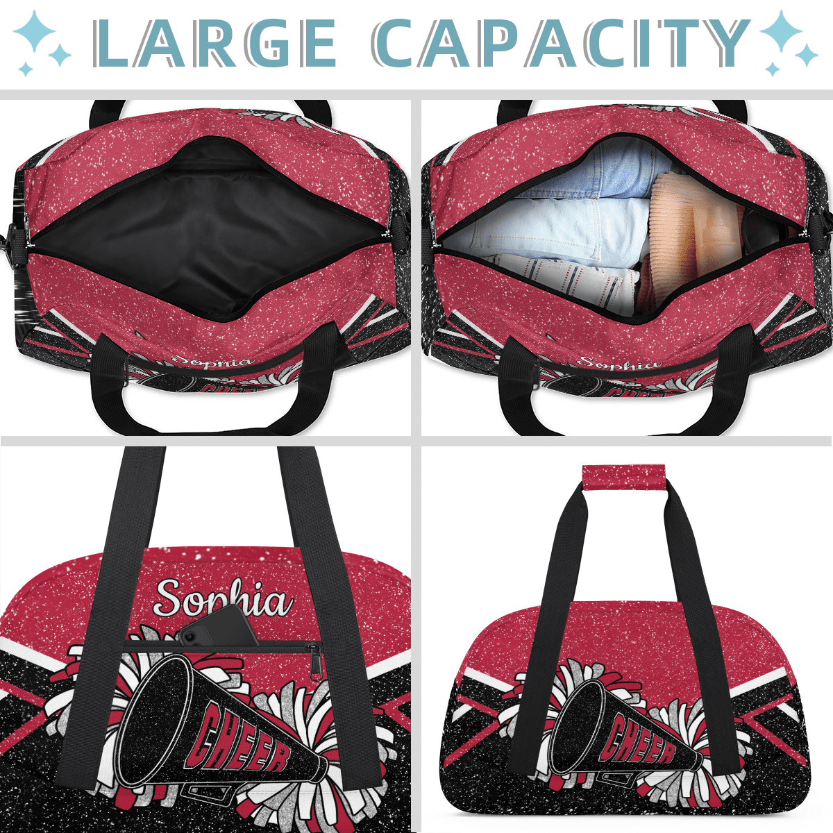 Jiaoprinted Personalized Cheer Bag for Women, Custom Sport Duffel Bag with Name, Customized Gym Bag, Weekender Overnight Bag, Cheerleading Gifts, Black Red Glitter