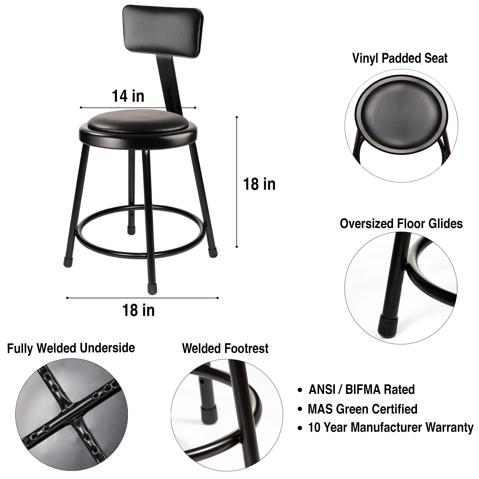 Hampden Furnishings Otto 18" Vinyl Padded Science Stool with Backrest, Black, Pack of 2