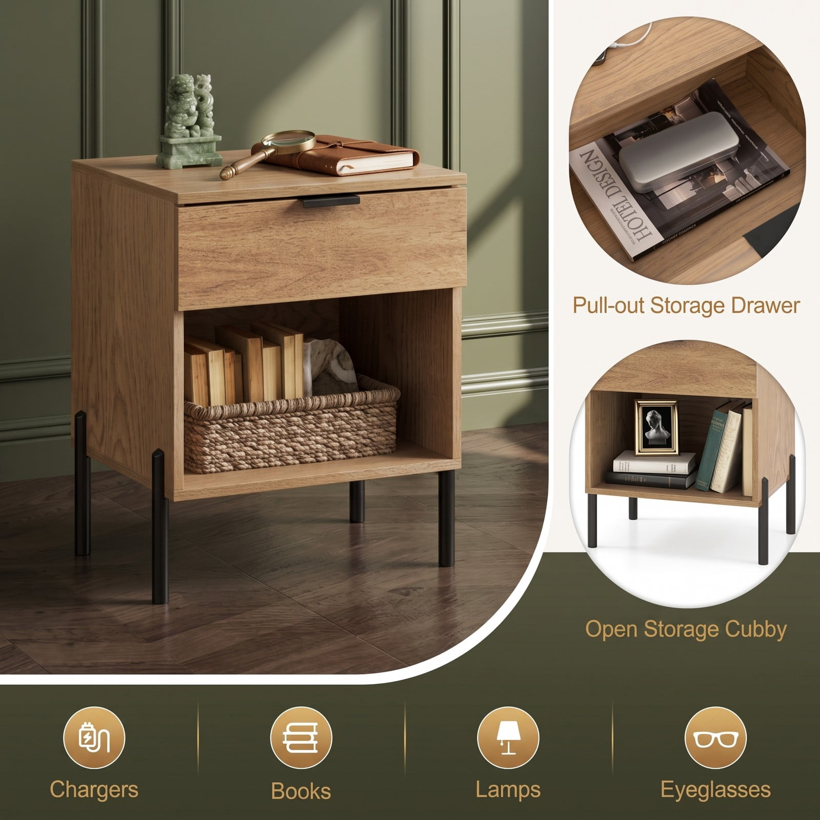 Furnibear Modern Nightstand with Charging Station for Bedroom, 1 Drawer and Open Compartment Bedside Table with Metal Legs, Natural