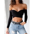 thumbnail image 4 of Women Slim Off Shoulder Shirt Crop Tops Blouses, 4 of 8