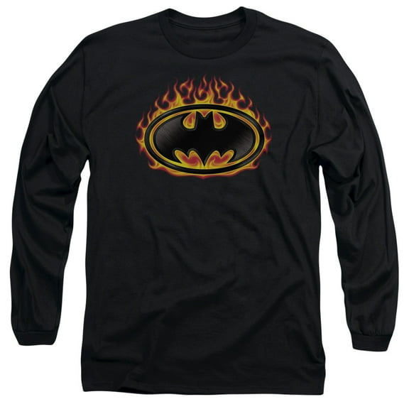 Batman Bat Flames Shield Long Sleeve T-Shirt Adult 18/1 Black
